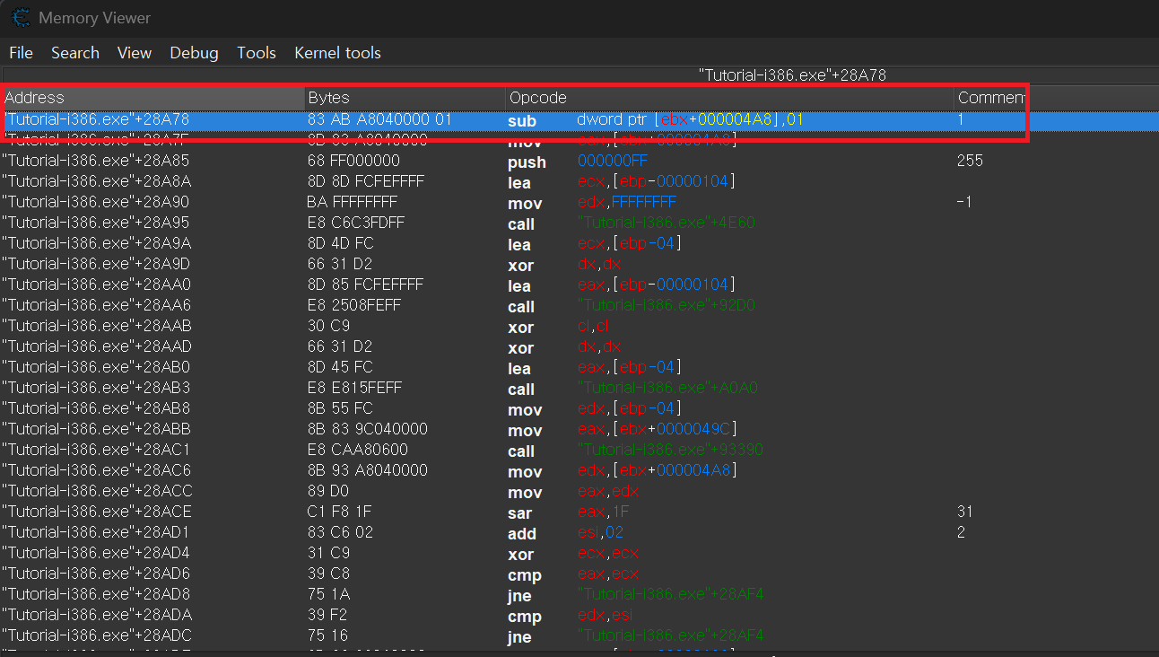 Show Disassembler로 메모리 뷰 확인
